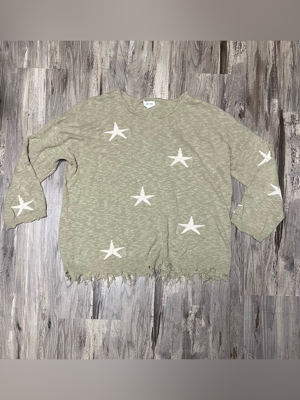 Heyson Sage Green Distressed Frayed Star Open Knit Sweater Plus Size 2XL